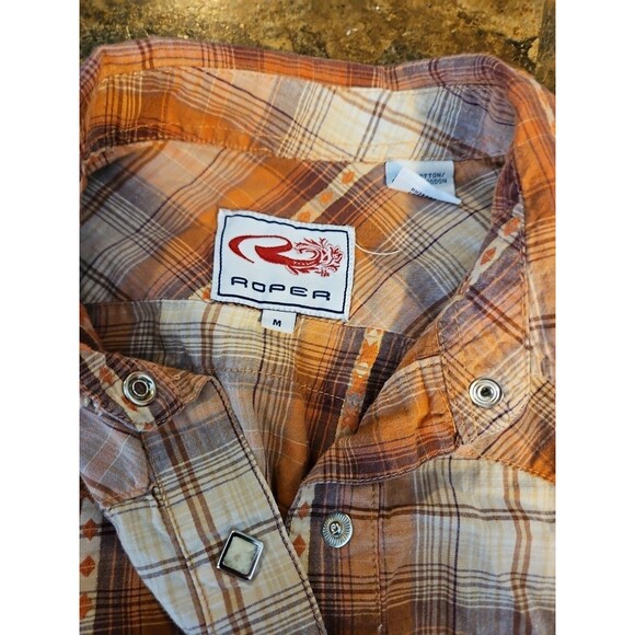 Roper‎ Western Plaid Pearl Snap Long Sleeve Button Down Shirt Orange/tan Medium - Picture 2 of 6